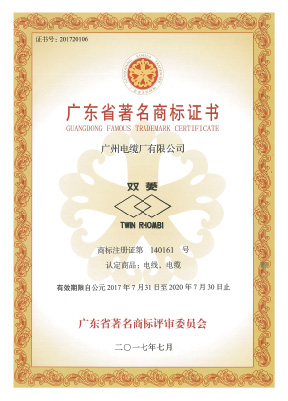 廣州電纜廠有限公司著名商標證書